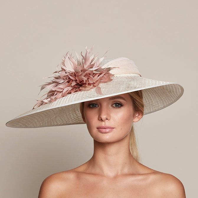 My Fair Lady | Wide Brim Sinamay Hat | Large Brim Hat | Vivien Sheriff Ivory/Blush